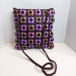 Handcrafted BOHO Women's Coconut Shell Purple Brown Crossbody Bag